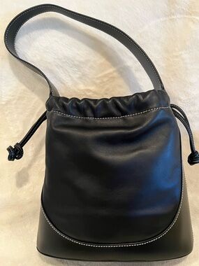 STAUD Alec Black Leather Drawstring Bucket Bag Contrast Stitching New Condition